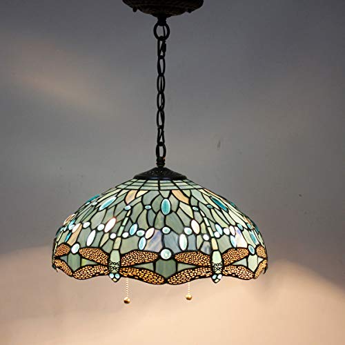 Image of WERFACTORY Tiffany Pendant Light Fixture 16 inch Stained Glass Hanging Lamp