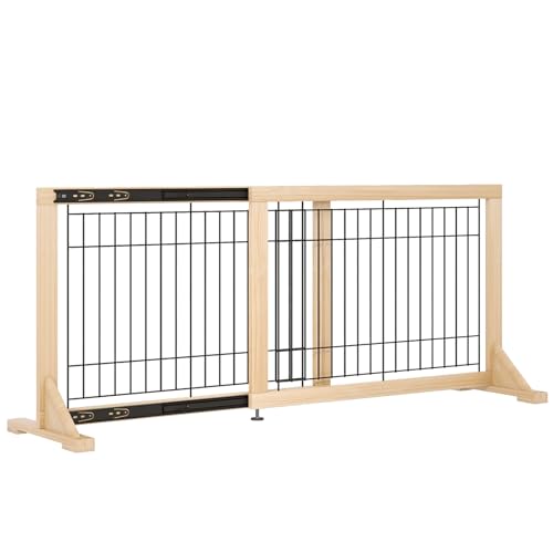 YOCAN Adjustable Wide Dog Gate for Doors, Hallways & Stairs – 19.7" Tall, 23.6–45.3" Expandable Freestanding Pet Safety Gate, No Drill Pressure Mounted Wood & Metal Frame (Black/Natural)
