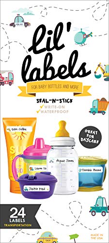 Image of Bottle Labels, Write-On, Self-Laminating, Waterproof Kids Name Labels for Baby Bottles, Sippy Cup for Daycare School, Made in The USA, Dishwasher Safe (Transportation) Boy or Girl