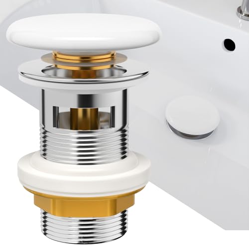 KULACO Desagüe para lavabo con rebosadero, válvula de desagüe universal para lavabo y lavabo, válvula emergente blanca con tapa de cerámica, tapón de desagüe con rebosadero – G 1¼