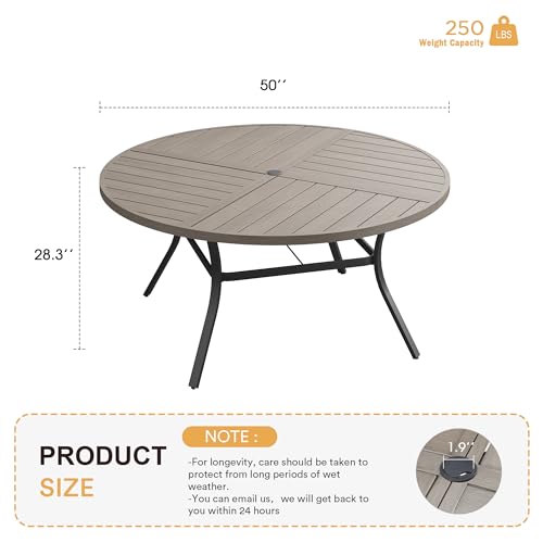 Image of VICLLAX Round Patio Table with Adjustable Umbrella Hole for 6, All Weather Metal Outdoor Dining Table for Lawn Garden, 50 inch Outdoor Coffee Table, Grey Wood-Like Tabletop