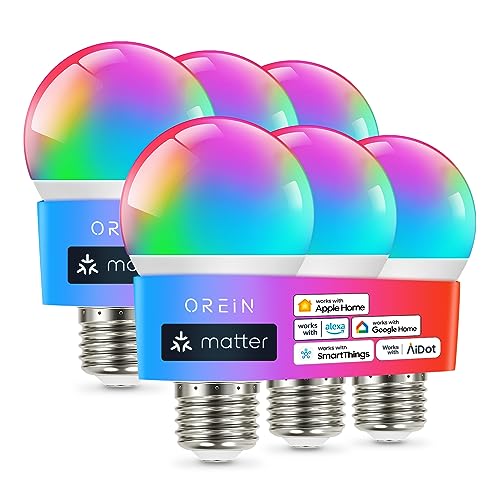 OREiN Matter Smart Light Bulb, Smart Light Bulbs Work with Apple Home, Alexa, Google Home, SmartThings, A19 Color Changing Light Bulbs 2.4Ghz WiFi, 800 Lumens Equivalent 60W 6Pack