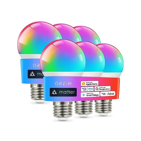 OREiN Matter Smart Light Bulb, Smart Light Bulbs Work with Apple Home, Alexa, Google Home, SmartThings, A19 Color Changing Light Bulbs 2.4Ghz WiFi, 800 Lumens Equivalent 60W 6Pack