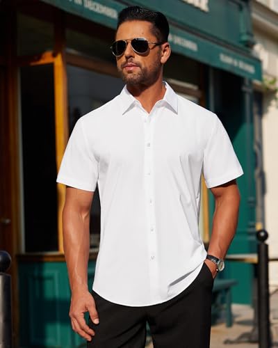 J.VER Mens Short Sleeve Dress Shirts Business Casual Button Down Shirt Stretch Solid Summer Wedding Prom Tops White 2XL