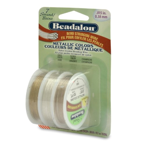 Beadalon 7 Strand Bead Stringing Wire, 3-Pack.015 in / 0.38 mm, Silver Color, Gold Color, Champagne, 10 ft / 3.1 m
