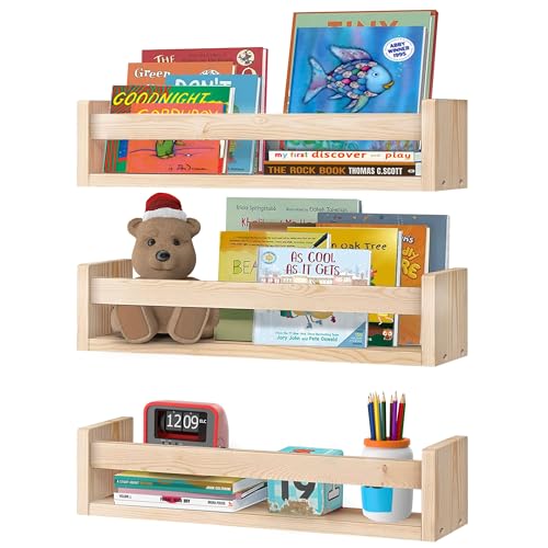 Image of INHABI Floating Nursery Shelves - 3-Pack 16x17 inch Wall Mounted Book Shelves for Kids' Nursery and Bedroom Decor