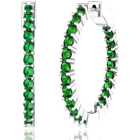 Belinda Jewelz - Hoop Earrings, Eternity Earrings with 40 Colored Gemstones, Birthstone Earrings for Women, Sterling Silver Rhodium Plated Earrings with Push Back Closure, Emerald, 1.18” Cover