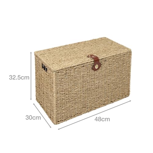Woodluv Natural Seagrass Lidded Trunk, Toy Box Chest, Storage Basket, Handwoven Organiser - Small