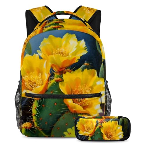 Sac à dos avec trousse cactus jaune 40cm pour adolescents et enfants