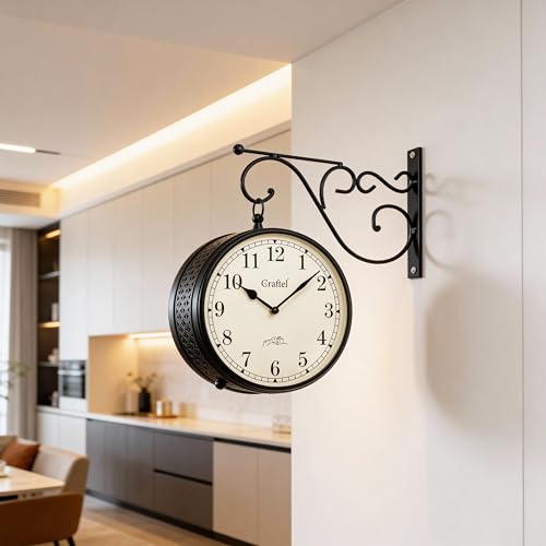 Image of CRAFTEL Double Sided Station Wall Clock Powder Coated Finish | Both Side English Numerals | Aluminum Matte-Finish Dial Brass Body | Dial - 8 Inches, Matte Black | 365 Days Warranty