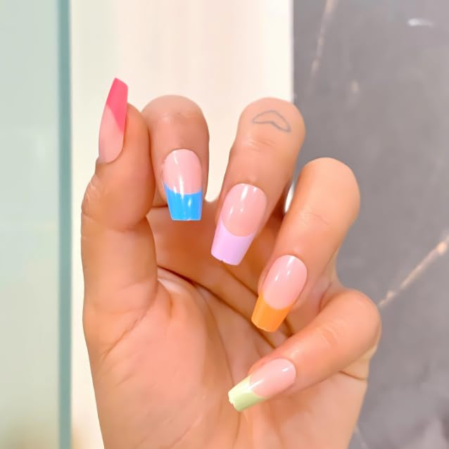 Image of 24 Pcs Reusable Artificial Nails Fake Nails with Glue and Kit|Candy Chick French Pastel French Tip Press On Nails | ABS Material UV Protected Long Lasting Finish | Reusable Customizable Nail Kit |Medium Square Nails