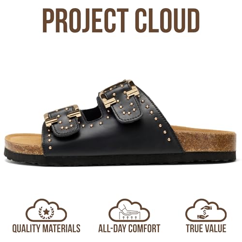 Image of Project Cloud 100% Genuine Leather Flat Sandals For Women 2026 Cork Footbed Womens Sandals with Memory Foam and arch support Vacation Essentials Slides for Women Footwear (Venita)