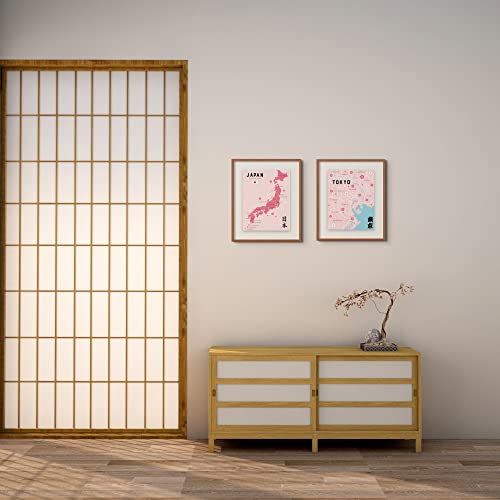 Pink Japan Prints - Set Of 2 (11X14) Inches Glossy Traditional Japanese Country City Travel District Map Sakura Cherry Blossoms Flower Botanical Tokyo Geography Wall Art Decor #TOP1