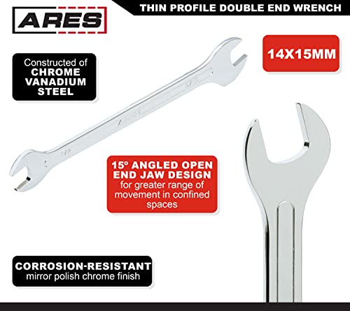 Ares 33047-14X15Mm Ultra-Thin Profile Double Open-End Wrench - Chrome Vanadium Steel Construction With Mirror Polish Chrome Finish – Enhanced Access In Tight Spaces #TOP1