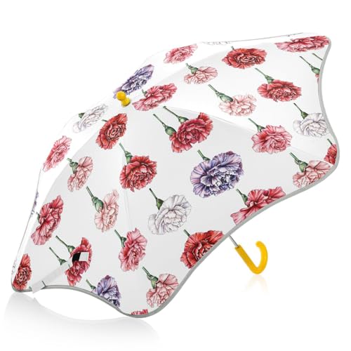FRODOTGV Art Carnation - Paraguas blanco para niños - Paraguas de lluvia y cortavientos con banda reflectante - Paraguas de viaje con mango de gancho fácil de agarrar para niños pequeños