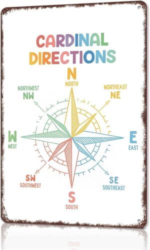 North South East West Direction Compass Tin Sign for Classroom 12x8 Inch
