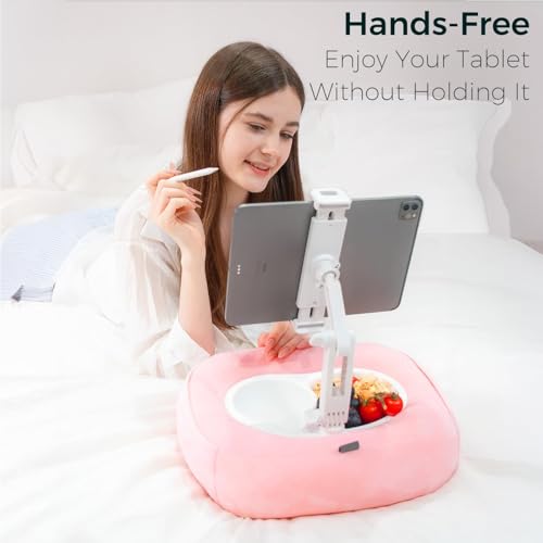 Image of Tablet Pillow Stand, Adjustable Kindle Holder with 2 Snack Bowls, 360 Adjustable iPad Stand for Bed with 4.7''-13'' iPad, Kindle, Phone, Gift for Reading Accessories on Bed, Sofa, Pink