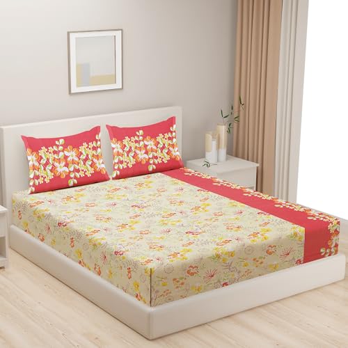 Image of Swayam 100% Cotton Double Bedsheet with 2 Pillow Covers | Size 90 x 100 inch | 120 TC | Floral Design | Soft Breathable Bed Sheet | Comfortable & Durable for Bedroom - Yellow