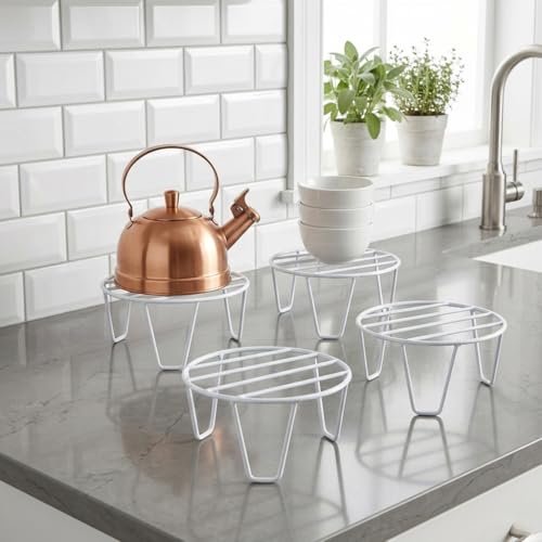 Image of Metal Plant Stand for Indoor and Outdoor, Round Iron Pot Holder, Rust Resistant Planter Riser, White, Pack of 4