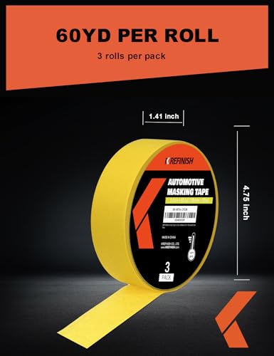 Image of KREFINISH Professional Auto Body Painters Tape, Yellow, 1.41in x 60 yards /3 Rolls, Heat Resistant, No Residue, UV & Moisture Resistant, Ideal for Auto Body Painting, Cars, Trucks, Motorcycles