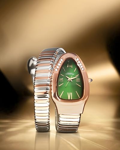 Image of French Connection Eternelle Curve | Green Dial with Rose Gold Case | Flexible Wrap Bracelet Strap | Crystal Accent Design | Roman Numerals Analog Watch for Women - FCN0142NRTM