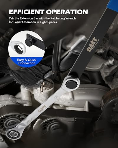 Image of OMT Serpentine Belt Tool Kit, 15pc Ratcheting Serpentine Belt Removal Tool | Belt Tensioner Tool with Ratcheting Wrench Sockets Adapters Crowfoot Wrenches Extension, Replacing Drive Belts, Chrome Steel