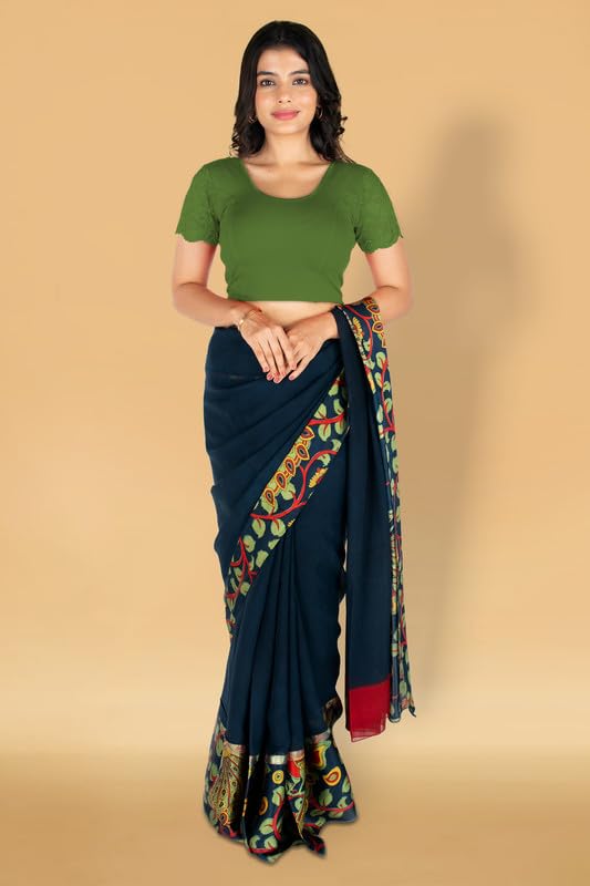 Image of Abhi Cotton Readymade Saree Blouse for Women- Half Net Sleeves, Round Neck, Regular-fit, Stretchable, Pull-on Style Blouse
