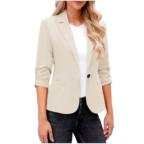 Dyhxuan Blazer Damen Beige Elegant 3/4 Arm Blazer Jacke Casual Sportlich Reverskragen Anzug Vorne Offener Anzugjacke Trenchcoat Business Jacket fürs...