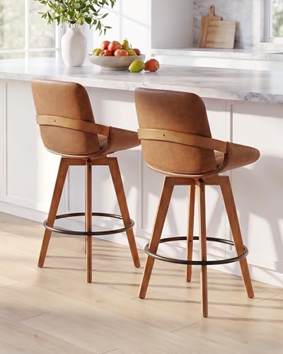 Image of AQG Counter Height Bar Stools, Mid Century Modern Bar Chairs Swivel with Back, Faux Leather Upholstered Barstools Walnut Wood Frame for Kitchen Island (Brown, 26 Inch - 1 PCS)