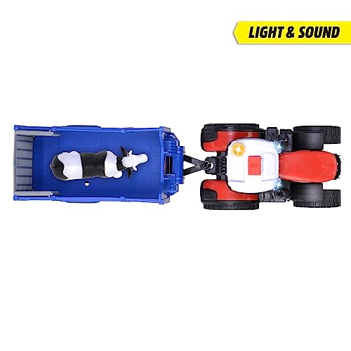 Dickie Toys - Massey Ferguson Spielzeug-Traktor mit Tieranhänger & Kuh - Spielzeugauto für den Bauernhof mit Licht & Sound (inkl. Batterien), für Kinder ab 3 Jahre, 26 cm