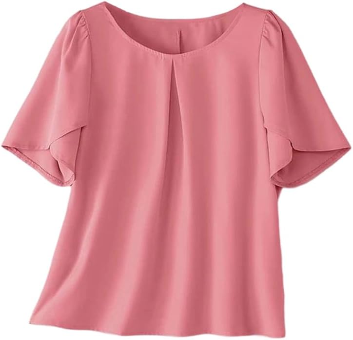 Women’s Elegant Office Blouse Summer Solid Color O Neck Short Petal Sleeve Work Shirt