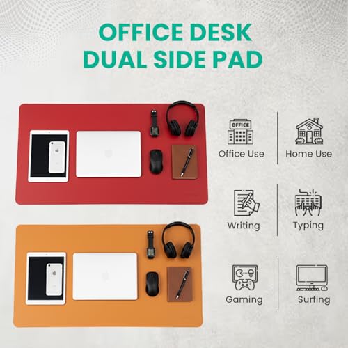 Image of Reversible Desk Mat 90x45 CM - Large Vegan Leather Office Desk Pad | Mouse Pad for Work from Home & Office | Anti-Slip Leather | Waterproof, Splash-Proof Desk Accessories (Orange & Red)