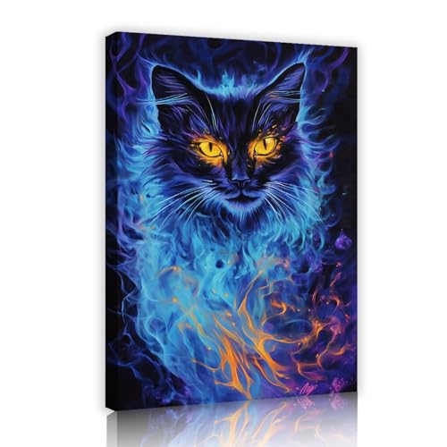 UIRINGART Cuadro abstracto de niebla azul en lienzo Arte de pared Pintura de gato místico Póster Obra de arte para dormitorio Sala de estar Bar Halloween Decoración de pared 65x100cm Marco interior