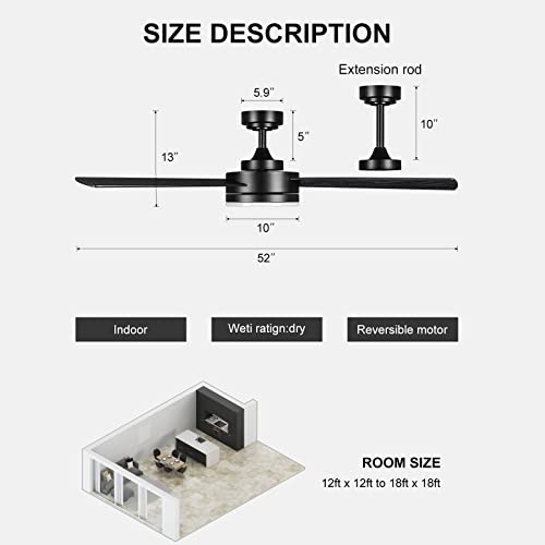 Nkorka Black Ceiling Fans With Lights And Remote, Modern Ceiling Fan, Indoor Outdoor Ceiling Fans With Lights, 20W 3-Color Led Light, Noiseless Reversible Dc Motor (52) #TOP6
