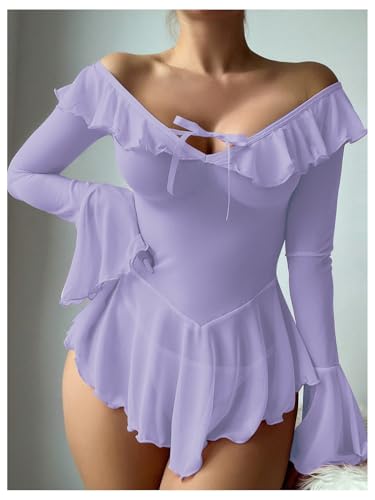 Image of OYOANGLE Women's 2 Piece Off Shoulder Long Sleeve Ruffle Mesh Sheer Nightgowns with Thongs Babydoll Lingerie Set