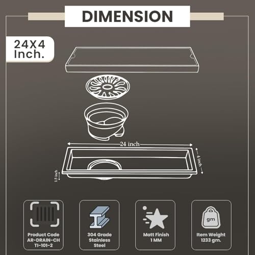 Image of EVANEX Tile Insert Shower Drain | 24x4 Inches Floor Drain Channel | Waste Water Bathroom Drain Channel | 304 Stainless Steel Invisible Bathroom Drainer with Anti Cockroach Trap