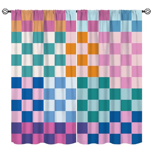 Retro Multicolored Checkered Curtains for Bedroom, Colorful Bright Rainbow Window Treatments Modern Simple Groovy Aesthetic Farmhouse Country Drapes for Girl Teens Living Room Kitchen W42xL45in