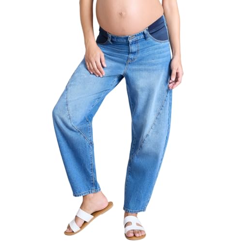 Motherhood Maternity Women's Under The Belly Elastic Waist Barrel Leg Pregnancy Jeans, Medium Wash, X-Large