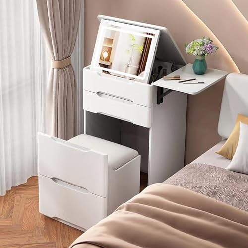 Tocador esquinero blanco iluminado con LED, mesa de maquillaje compacta 3 en 1 con espejo, taburete oculto y 4 cajones de almacenamiento para ahorrar espacio en la decoración del vestidor
