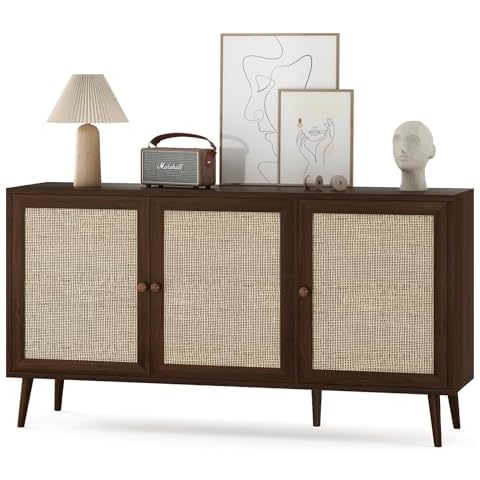 STARY Sideboard Buffet Cabinet with 3 Rattan Doors, Kitchen Storage Cabinet, Modern Console Cabinet, Bar Cabinet for Entryway Living Room 59.1 * 15.4 * 31.1''(Walnut) Cover