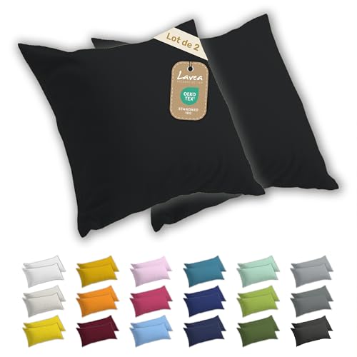 Lavea® Taies d’Oreiller 40x40 cm Lot de 2 – Housses de Coussin en Coton Jersey 100% Doux et Respirant avec Fermeture Éclair YKK – Noir