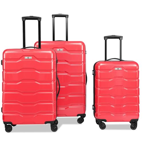 Hardshell Luggage Sets with TSA Lock, 3 Piece Sets, PC+ABS Lightweight Suitcase Sets with 360° Spinner Wheels (20/24/28) (Red)