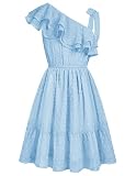 GRACE KARIN Girls Summer Dress One Shoulder Casual Ruffle Swing Swiss Dot Dress Sky Blue 7Y