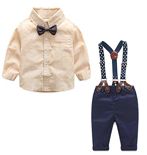 Toddler Dress Suit Baby Boys Clothes Sets Bowtie Shirts + Suspenders Pants 3pcs Gentleman Outfits Suits 6 Month - 6 Years (Beige-1 5T) - Thumbnail 3