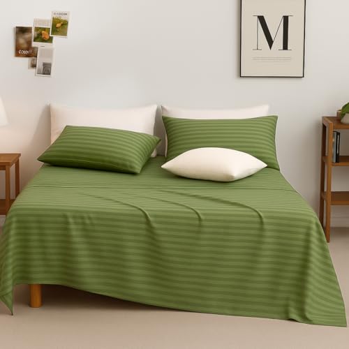 Image of Sofrito Bed Sheet Glace Cotton Striped - 300 TC - Small (60 inchx90 inch) - with 1 Pillow Cover | Ideal for Hospitals, Clinics, Hostels, PGs, Hotels & Guest Houses | Olive Green