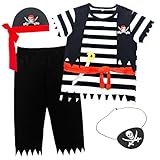 Wosixima Toddler Boys Girls Pirate Costume Outfit, Role Play Dress Up Clothes Set for Baby, Child Role Play Short Sleeve Tops and Pants with Hat and Eyepatch, 2T