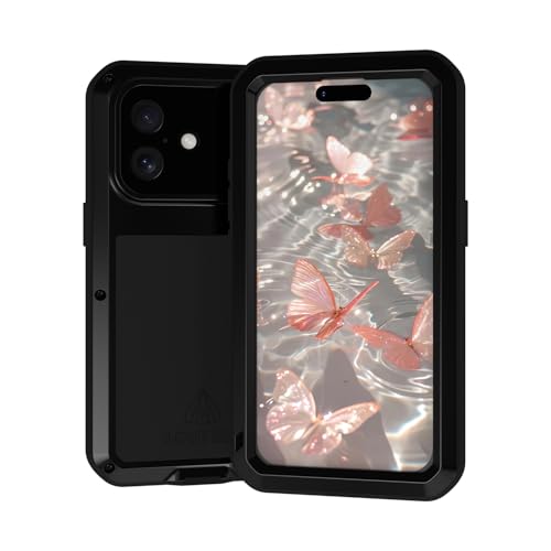 LOVE MEI Military Rugged Case for iPhone 17, Shockproof Metal Heavy Duty Full Body Cover with Tempered Glass Screen Protector (Black)