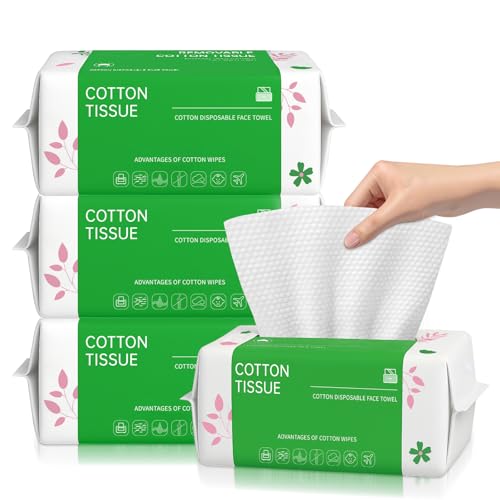 Disposable Face Towels 100 Count, Biodegradable Facial Towels for Sensitive Skin, Ultra Soft & Thick Face Cloth, Lint- free Dry Wipes for Makeup Remover, Skincare and Cleansing (4 Pack)