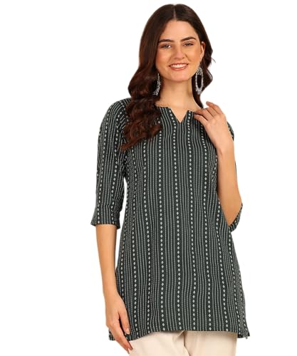 Image of DSK Studio Women's Cotton Short Kurti with Notch Neck Line 3 /4th Sleeves Abstract Pattern Short Length and Regular Fit