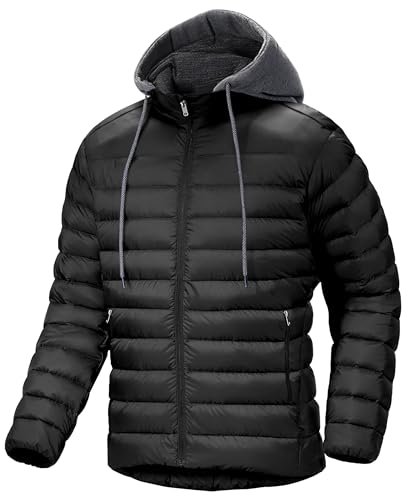 Mens' Puffer Jacket Lightweight Puffer Hoodie Quilted Winter Jacket Warm Zip Up Hooded Insulated Waterproof Coat Hood